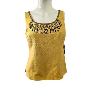 Kasper Sleeveless Linen Embroidered Top Womens Sz 4 Side Zip Saffron Gold NWT